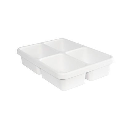 TrippNT 50180 — primary hero, white high-impact styrene 4-pocket equal-bay drawer organizer tray