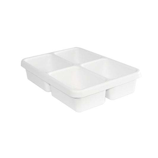TrippNT 50180 — primary hero, white high-impact styrene 4-pocket equal-bay drawer organizer tray