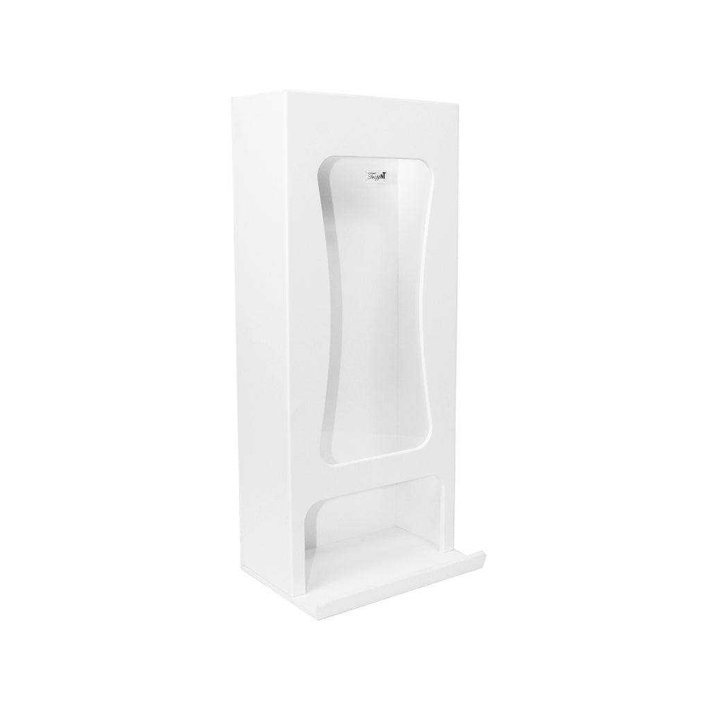 TrippNT 50391 — primary hero, white PVC and clear acrylic tall safety glass dispenser tower with bottom collection tray