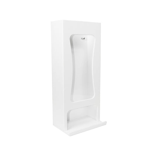 TrippNT 50391 — primary hero, white PVC and clear acrylic tall safety glass dispenser tower with bottom collection tray