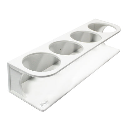 TrippNT 50539 — primary hero, quadruple HDPE bottle holder 500mL — white HDPE 4-position wall mount for 500mL reagent and wash bottles