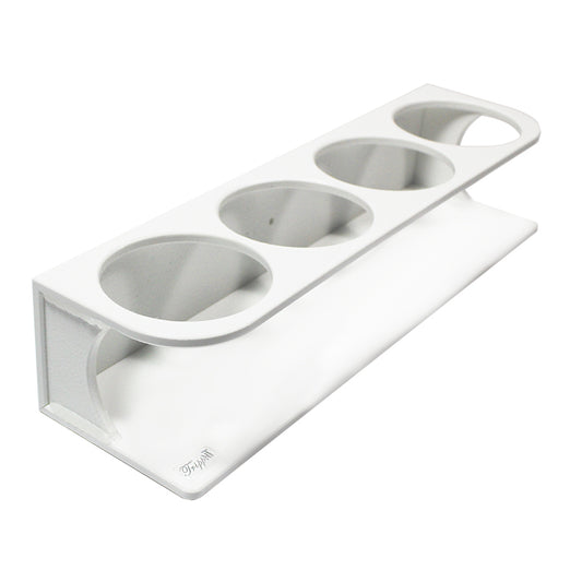 TrippNT 50539 — primary hero, quadruple HDPE bottle holder 500mL — white HDPE 4-position wall mount for 500mL reagent and wash bottles
