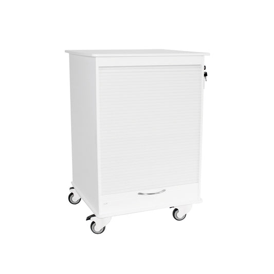 TrippNT 50591 Maui Lab Island Cart White - 24-Inch Square HDPE Mobile Lab Bench with Tambour Door Front View
