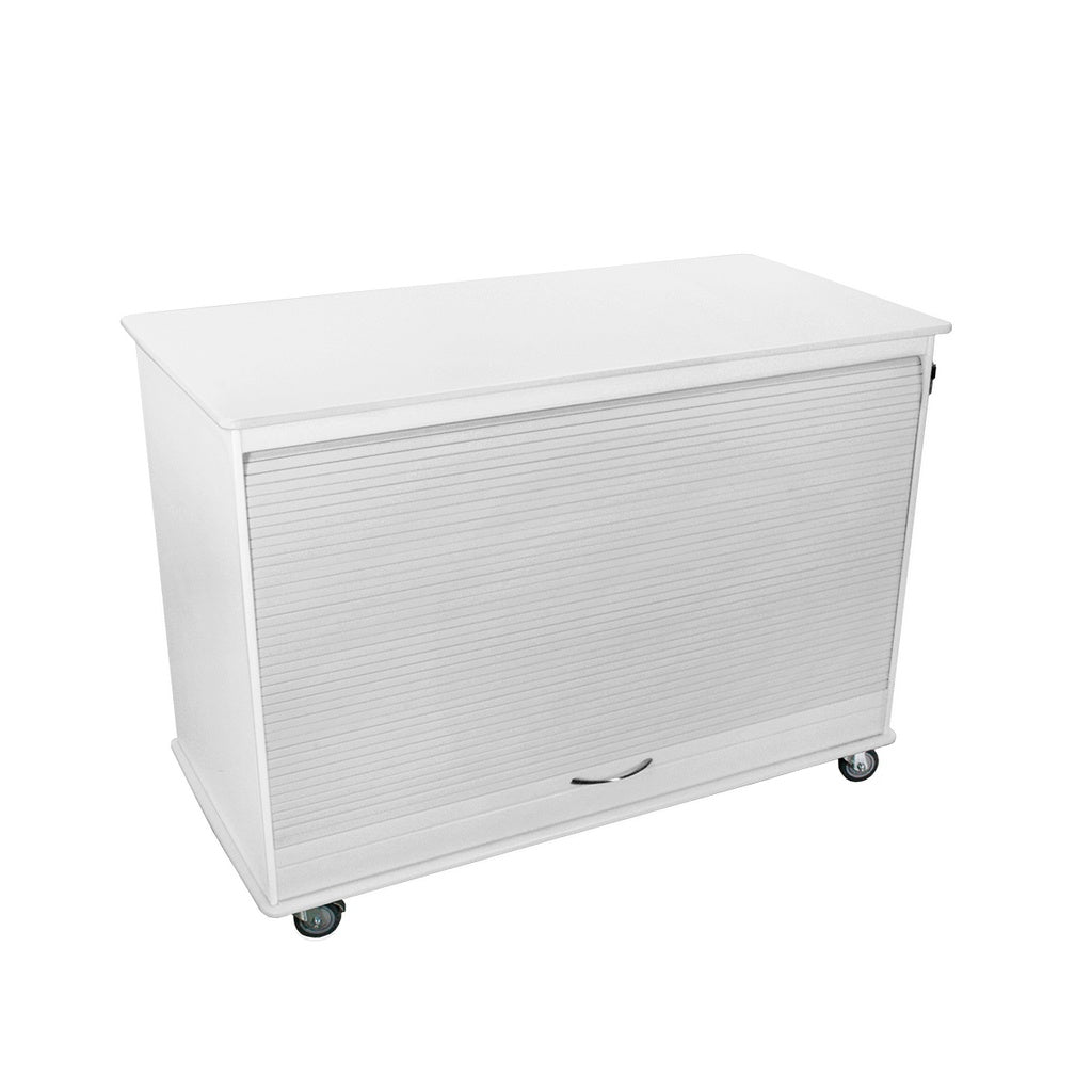TrippNT 50592 — primary hero, white HDPE Cayman lab island cart — double-wide mobile workstation with 2 locking tambour doors