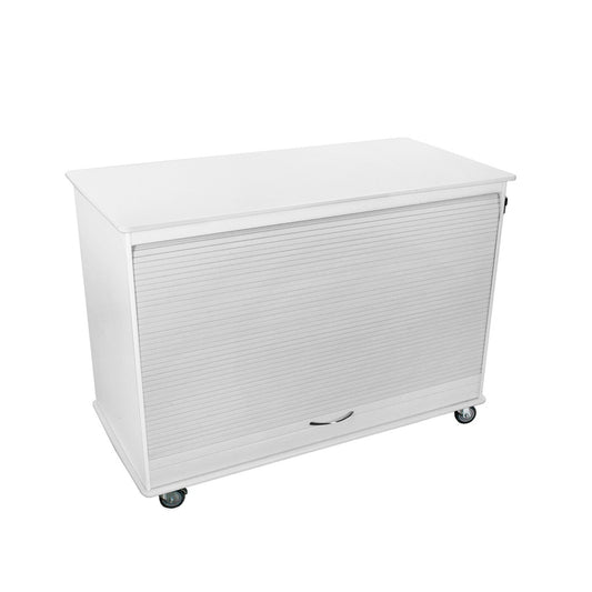 TrippNT 50592 — primary hero, white HDPE Cayman lab island cart — double-wide mobile workstation with 2 locking tambour doors