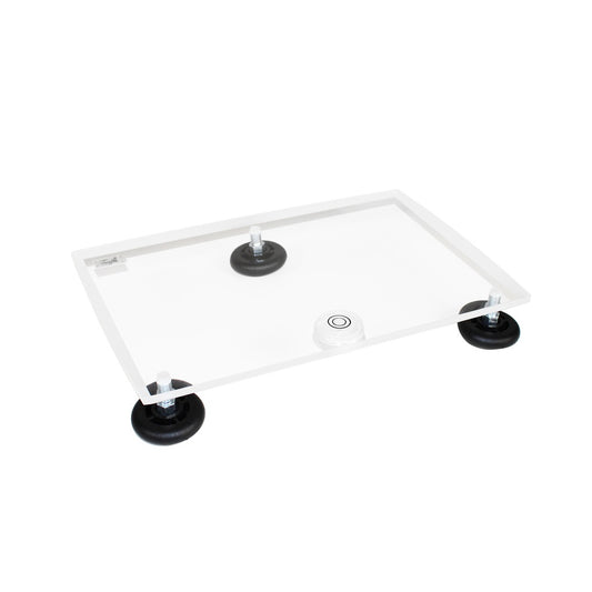 TrippNT 50600 — primary hero, clear 3/8-inch acrylic medium precision leveling table with built-in bubble level and 3 rubber tripod legs