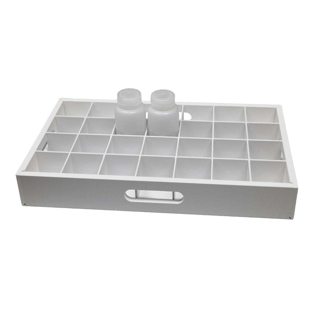 TrippNT 50712 Adjustable Bottle Rack - White PVC 28-Compartment Tray Top View