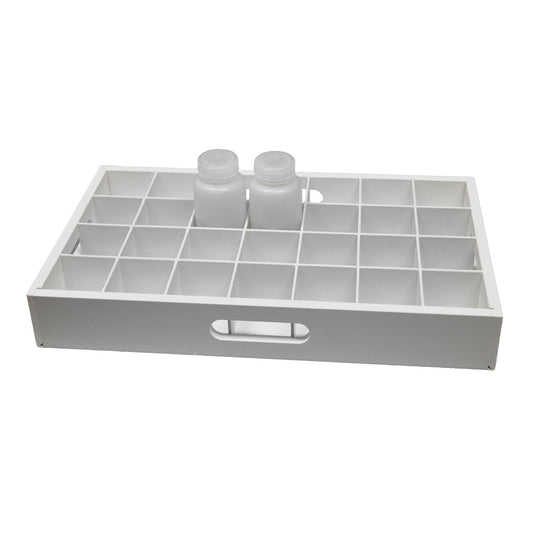 TrippNT 50712 Adjustable Bottle Rack - White PVC 28-Compartment Tray Top View