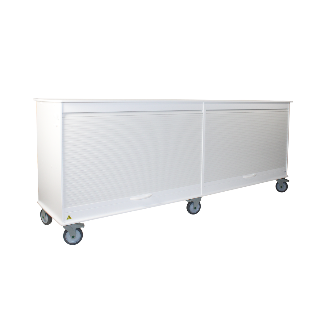 TrippNT 50734 — primary hero, white HDPE MRI Belize lab island cart — triple-wide 94-inch non-ferrous MRI-conditional mobile workstation