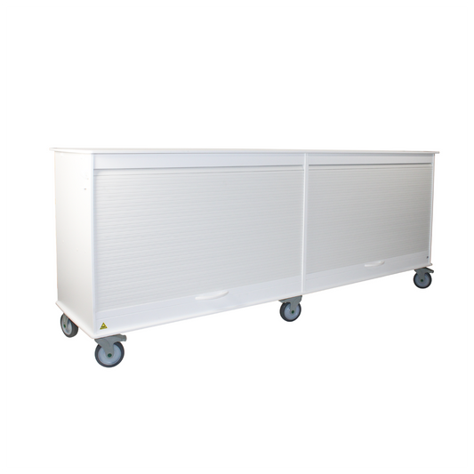 TrippNT 50734 — primary hero, white HDPE MRI Belize lab island cart — triple-wide 94-inch non-ferrous MRI-conditional mobile workstation