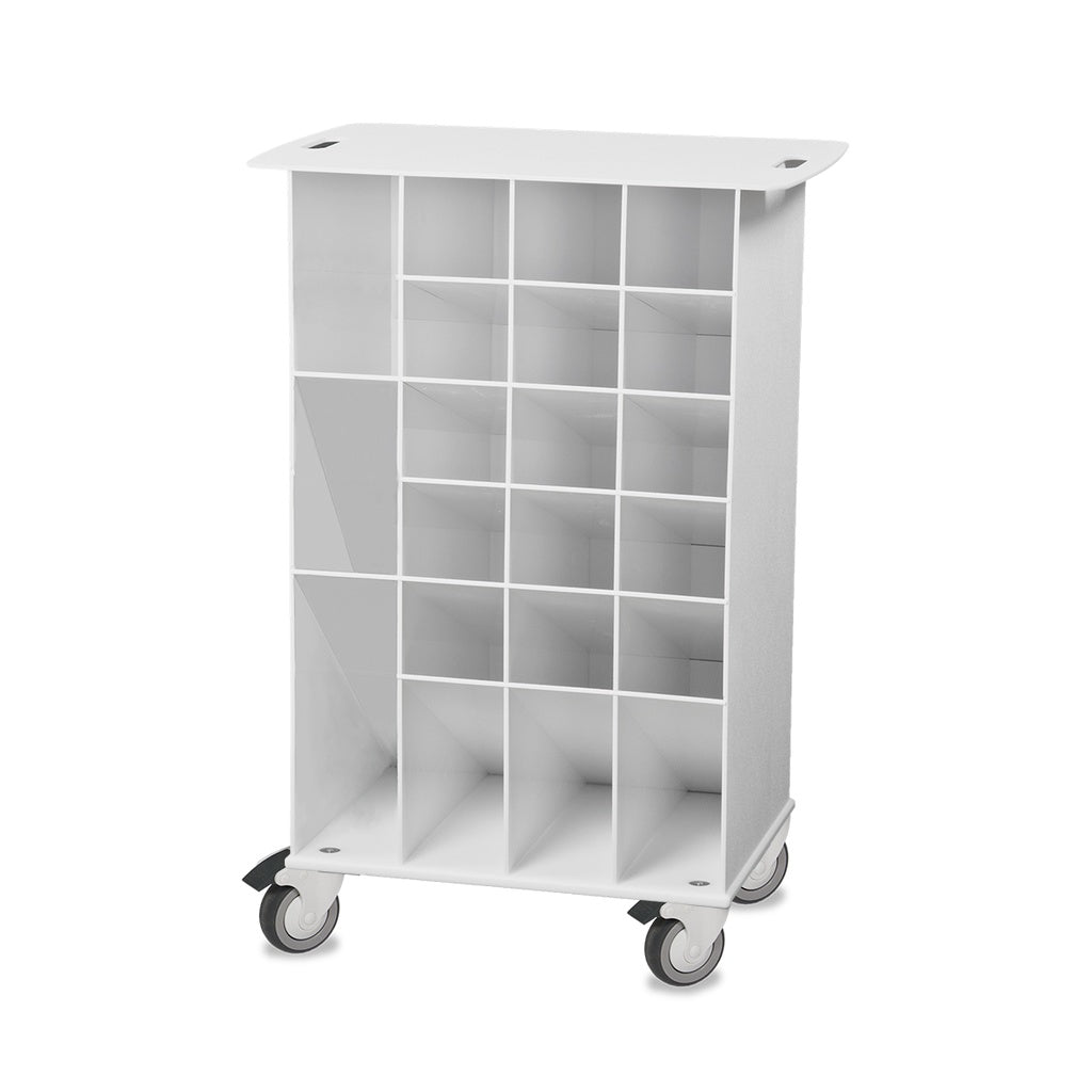 TrippNT 50741 — primary hero, white HDPE/ABS angled pipette cart — 17 forward-angled bins for mobile serological pipette fleet organization