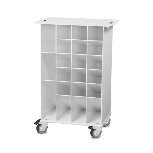 TrippNT 50741 — primary hero, white HDPE/ABS angled pipette cart — 17 forward-angled bins for mobile serological pipette fleet organization