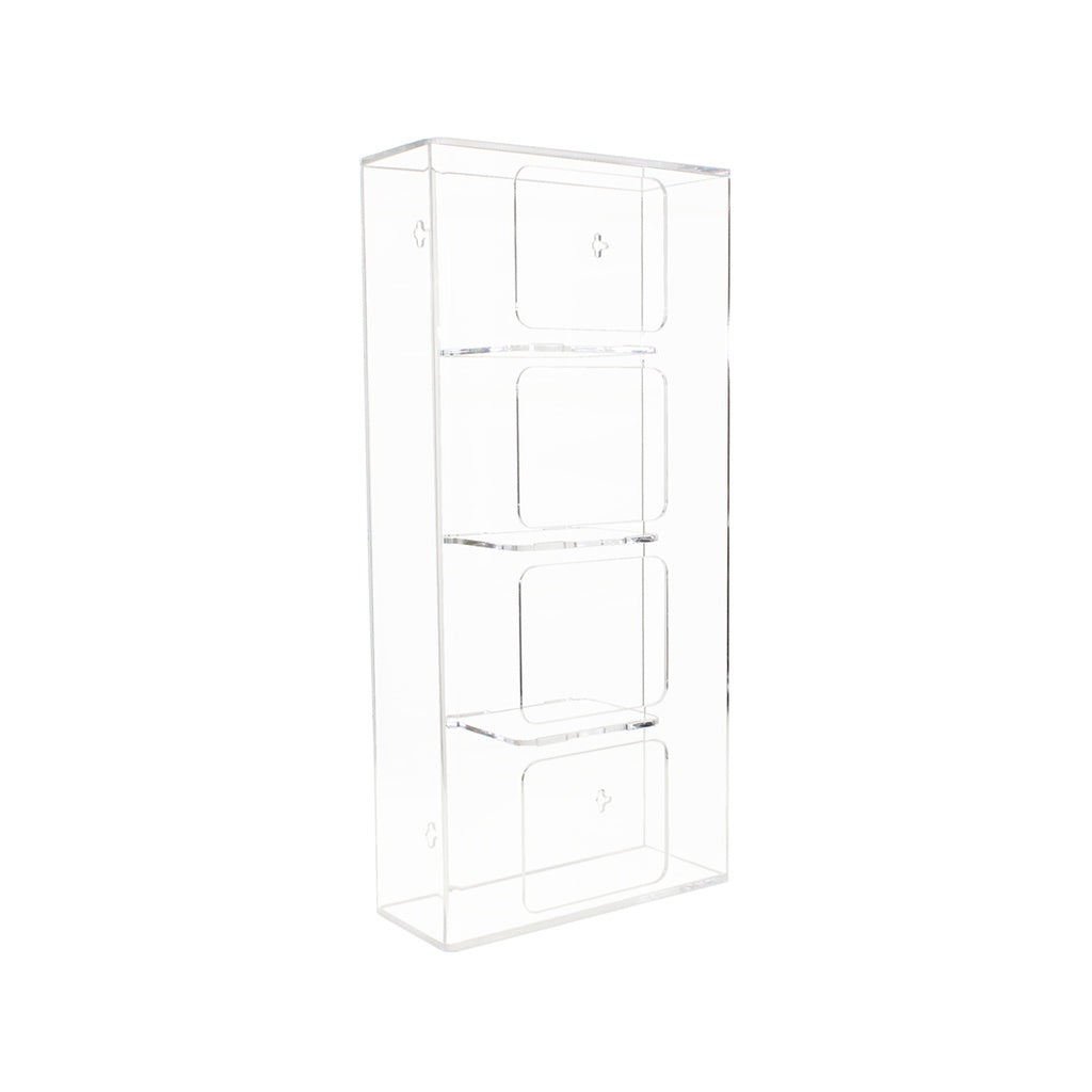 TrippNT 50850 — primary hero, clear acrylic quadruple side loading glove box holder — 4 vertically stacked bays for complete glove size program
