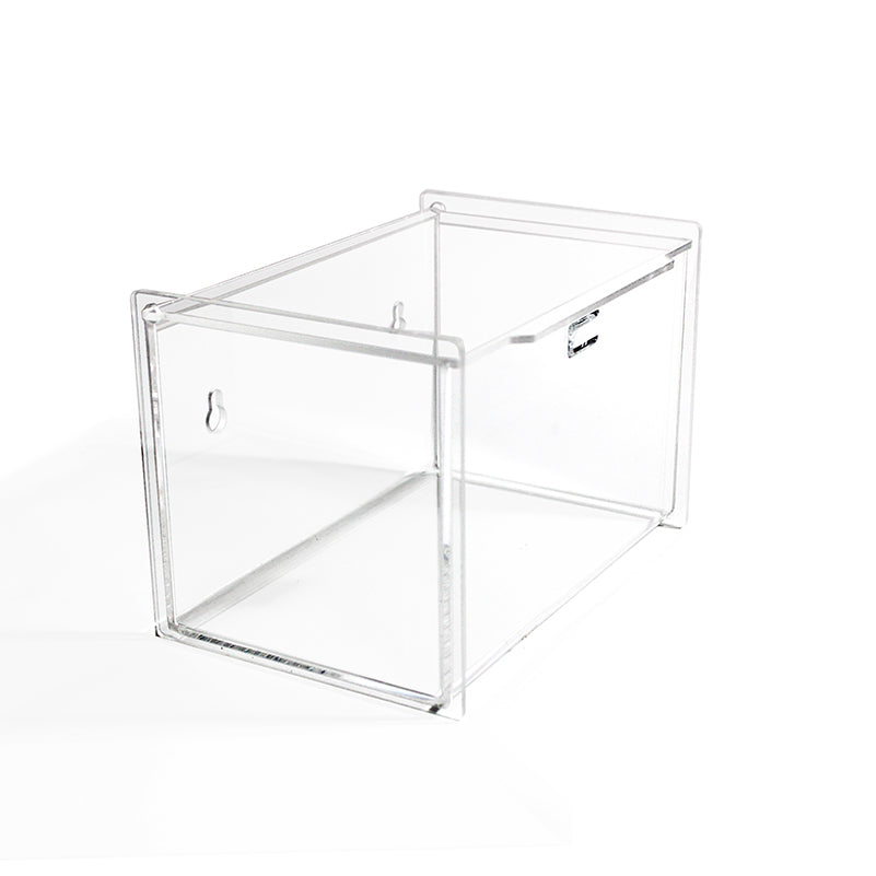 TrippNT 50854 — primary hero, clear acrylic flat face mask holder — single compartment with hinged lid for flat surgical and procedure masks