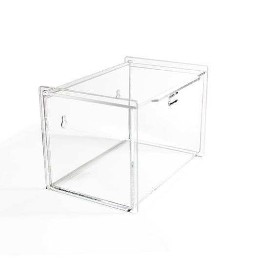TrippNT 50854 — primary hero, clear acrylic flat face mask holder — single compartment with hinged lid for flat surgical and procedure masks