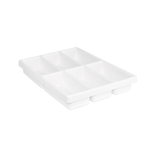 TrippNT 50974 — primary hero, white styrene 6-compartment drawer organizer for Core Carts — 6 equal narrow bays on 11.5x15.25-inch footprint