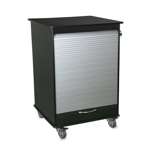 TrippNT 51002 Black Maui Lab Island Cart - All-Black HDPE Mobile Lab Bench with Tambour Door Front View