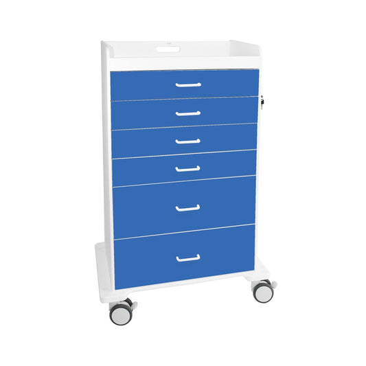 TrippNT 51071 — primary hero, Procedure Cart Global Blue — white HDPE body with Global Blue drawer fronts, 6 locking drawers