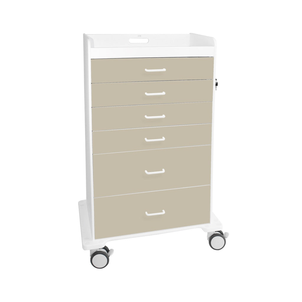 TrippNT 51078 — primary hero, Procedure Cart Almond Beige — white HDPE body with Almond Beige drawer fronts, 6 locking drawers