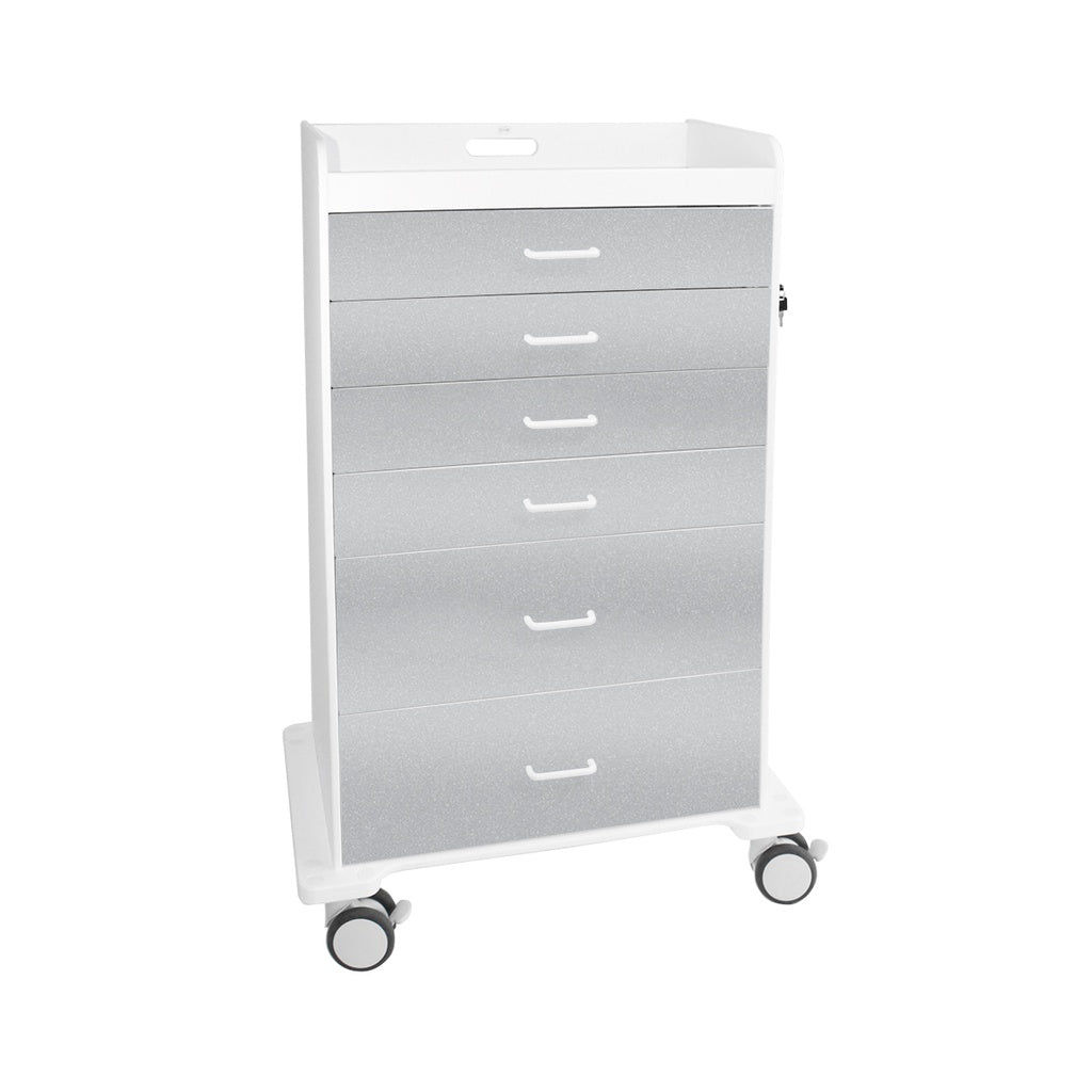 TrippNT 51079 — primary hero, Procedure Cart Silver Metallic — white HDPE body with Metallic Silver drawer fronts, 6 locking drawers
