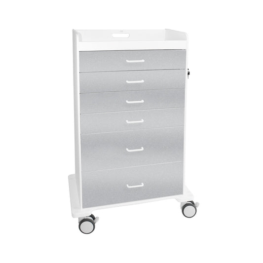 TrippNT 51079 — primary hero, Procedure Cart Silver Metallic — white HDPE body with Metallic Silver drawer fronts, 6 locking drawers