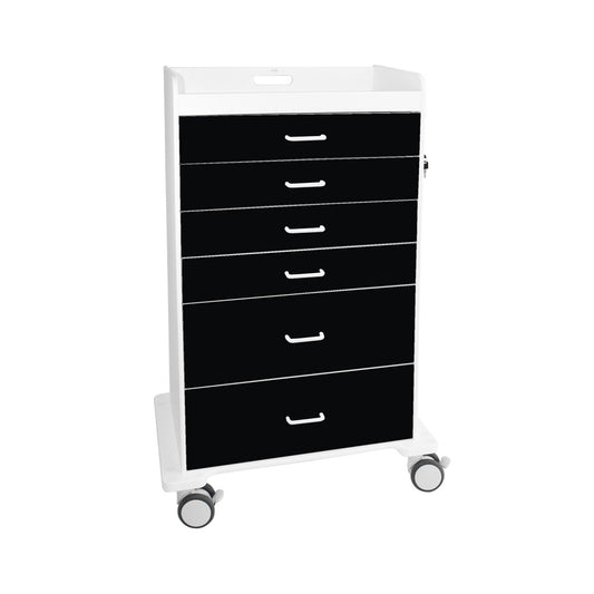 TrippNT 51358 — primary hero, Procedure Cart Black — white HDPE body with black drawer fronts, 6 locking drawers, recessed tray top