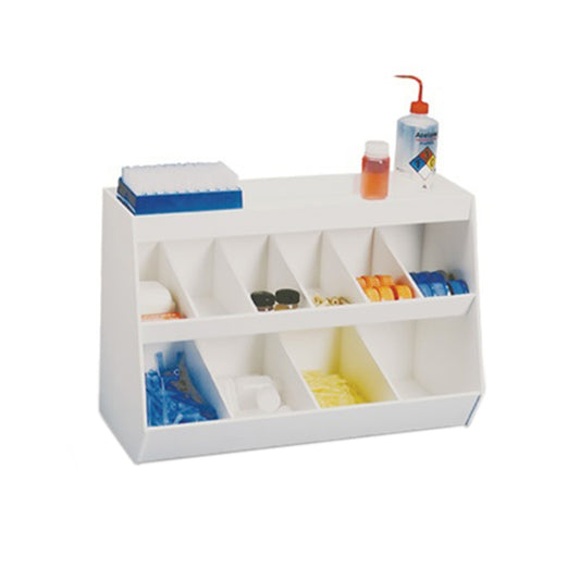 TrippNT 51889 — primary hero, MRI lab storage shelf 10 bins — white PVC MRI-safe wide countertop shelf with 10 fixed bins and top shelf
