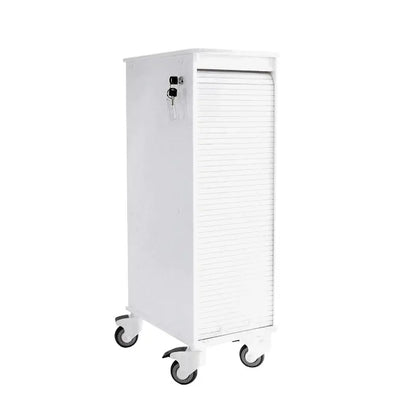 TrippNT 51976 6 Shelf Narrow Locking Cart White - 12-Inch Wide HDPE White Tambour Door Front View