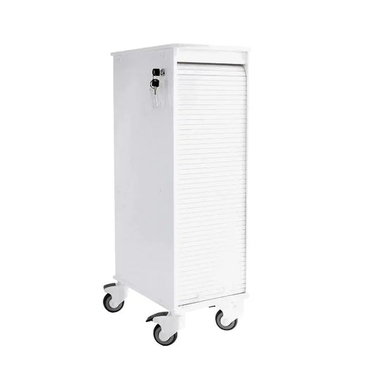 TrippNT 51976 6 Shelf Narrow Locking Cart White - 12-Inch Wide HDPE White Tambour Door Front View