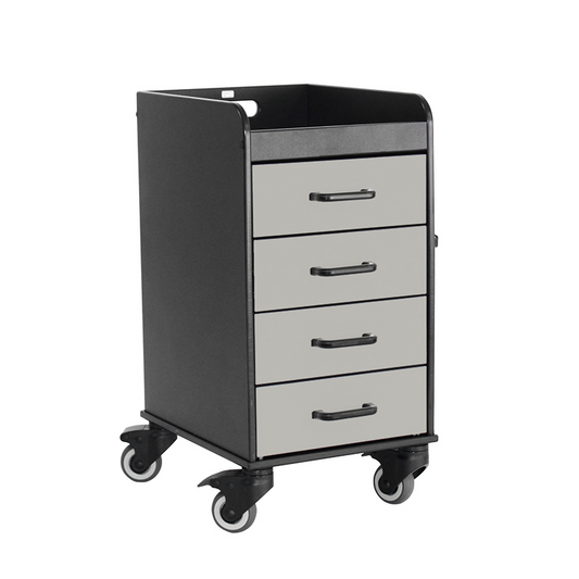 TrippNT 53480 — primary hero, Black Compact Cart Dolphin Gray — black HDPE body with Dolphin Gray ABS drawer fronts, 4 locking drawers, recessed tray top