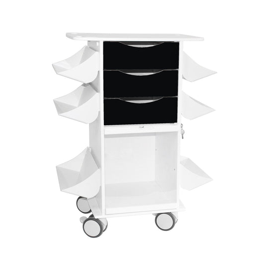 TrippNT 53501 — primary hero, Core CL Cart Black — white HDPE body with black ABS drawer fronts, 3 locking drawers, 6 angled side shelves
