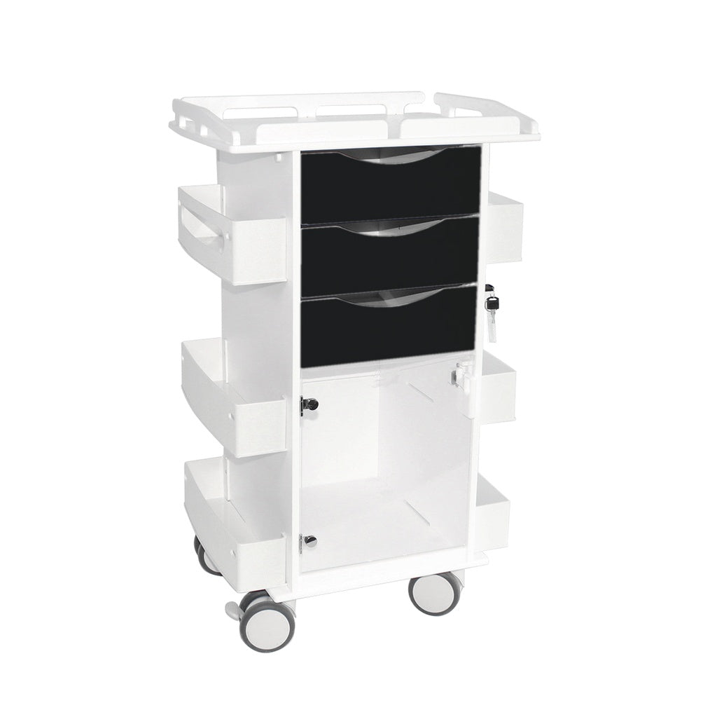 Lab Cart with Drawers, Hinged Door & Railtop, HDPE — 6-Shelf, White & Black, 1/Each | TrippNT