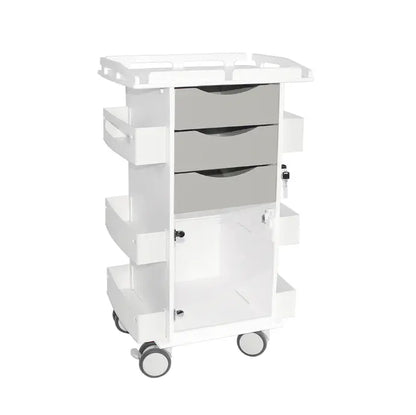 TrippNT 53590 — primary hero, Core DX Cart hinged door railtop dolphin gray — white HDPE body with gray ABS drawer fronts and 1-inch security railtop