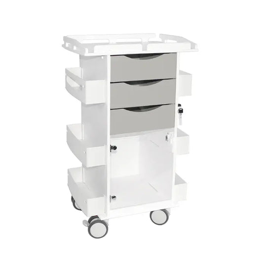 TrippNT 53590 — primary hero, Core DX Cart hinged door railtop dolphin gray — white HDPE body with gray ABS drawer fronts and 1-inch security railtop
