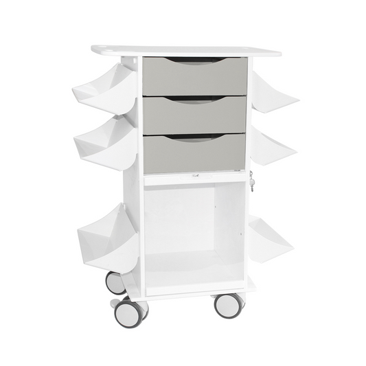 TrippNT 53592 — primary hero, Core CL Cart dolphin gray — white HDPE body with gray drawer fronts and 6 angled side shelves for suture staging