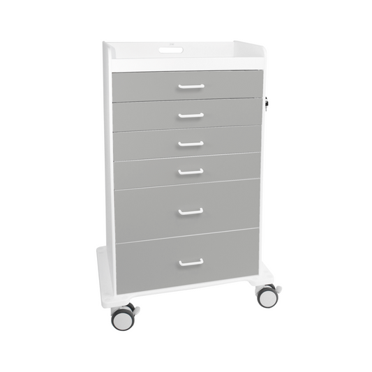 TrippNT 53593 — primary hero, Procedure Cart Dolphin Gray — white HDPE body with Dolphin Gray drawer fronts, 6 locking drawers