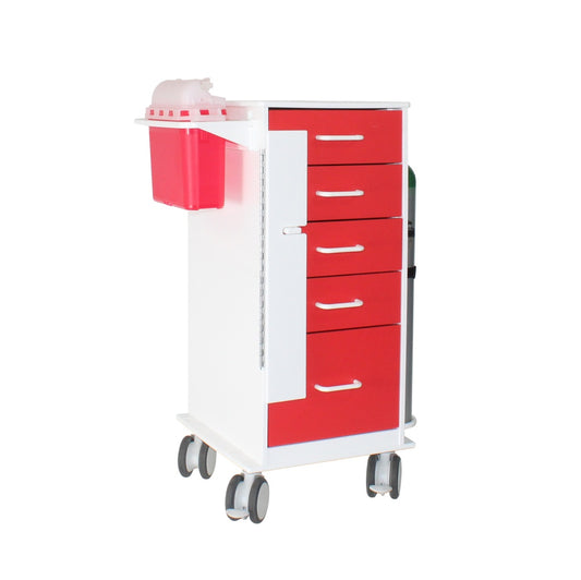 TrippNT 53598 — primary hero, Valor Mini Crash Cart — white HDPE body with red locking drawers, security railtop with gate lock