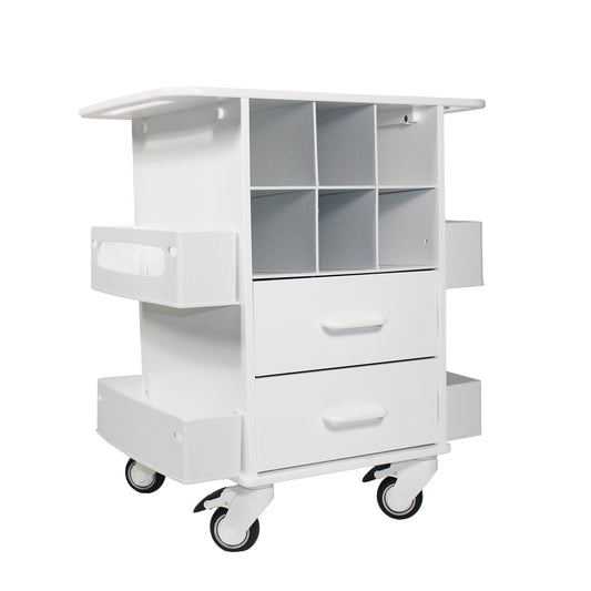 TrippNT 53602 — primary hero, Core Pipette and Fume Hood Supply Cart — white HDPE body with 6 vertical pipette slots and 2 locking drawers, fits under 27-inch fume hood sash