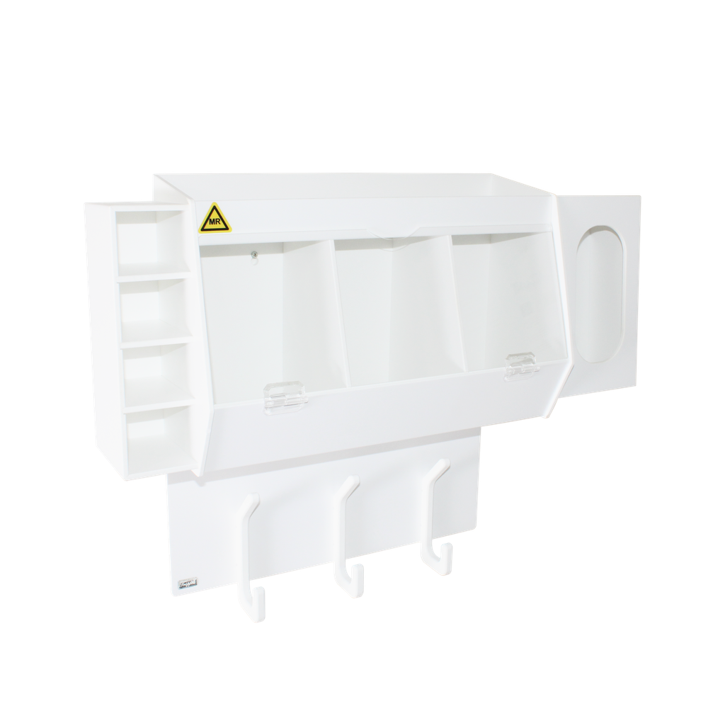 TrippNT 53984 — primary hero, MRI entry changing station — white PVC/acrylic 3-bin station with non-ferrous mounting hardware for Zone II/III