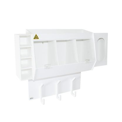 TrippNT 53984 — primary hero, MRI entry changing station — white PVC/acrylic 3-bin station with non-ferrous mounting hardware for Zone II/III