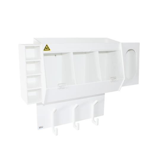 TrippNT 53984 — primary hero, MRI entry changing station — white PVC/acrylic 3-bin station with non-ferrous mounting hardware for Zone II/III