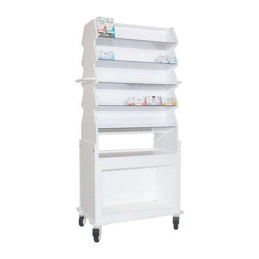 TrippNT 54058 — primary hero, extra wide slanted suture cart — white HDPE 10-shelf 90-box capacity, fully loaded with suture boxes at 45-degree angle