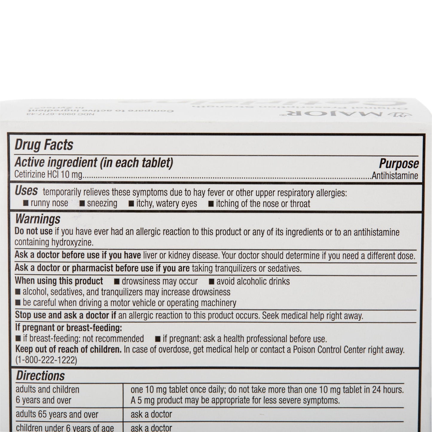 Major® Cetirizine Antihistamine All Day Allergy Relief