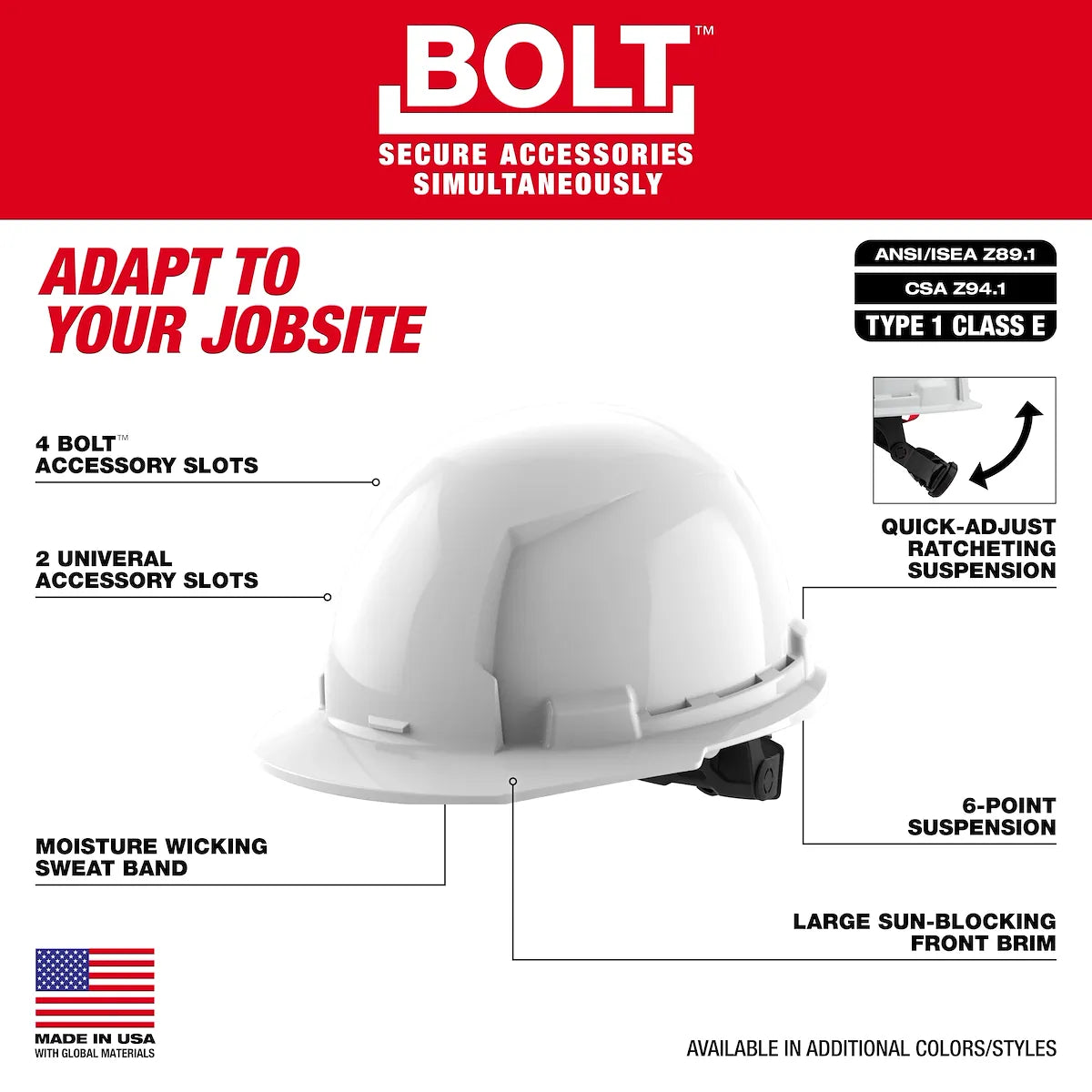 Milwaukee BOLT Red Front Brim Hard Hat w/6pt Ratcheting Suspension (USA) - Type 1, Class E 48-73-1128