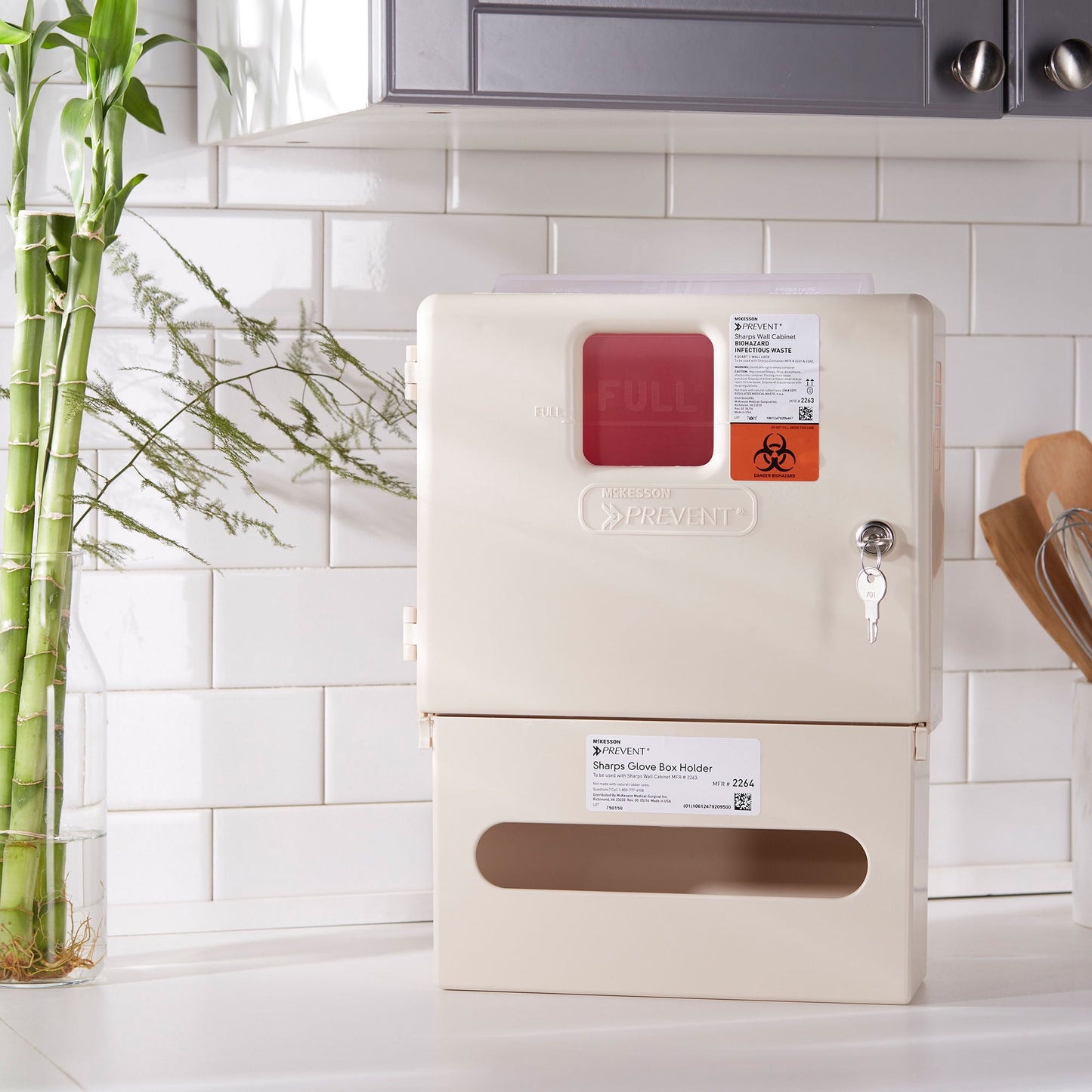 McKesson Prevent® Sharps Wall Cabinet with Glove Box, 12¼ x 4¾ x 15 Inch