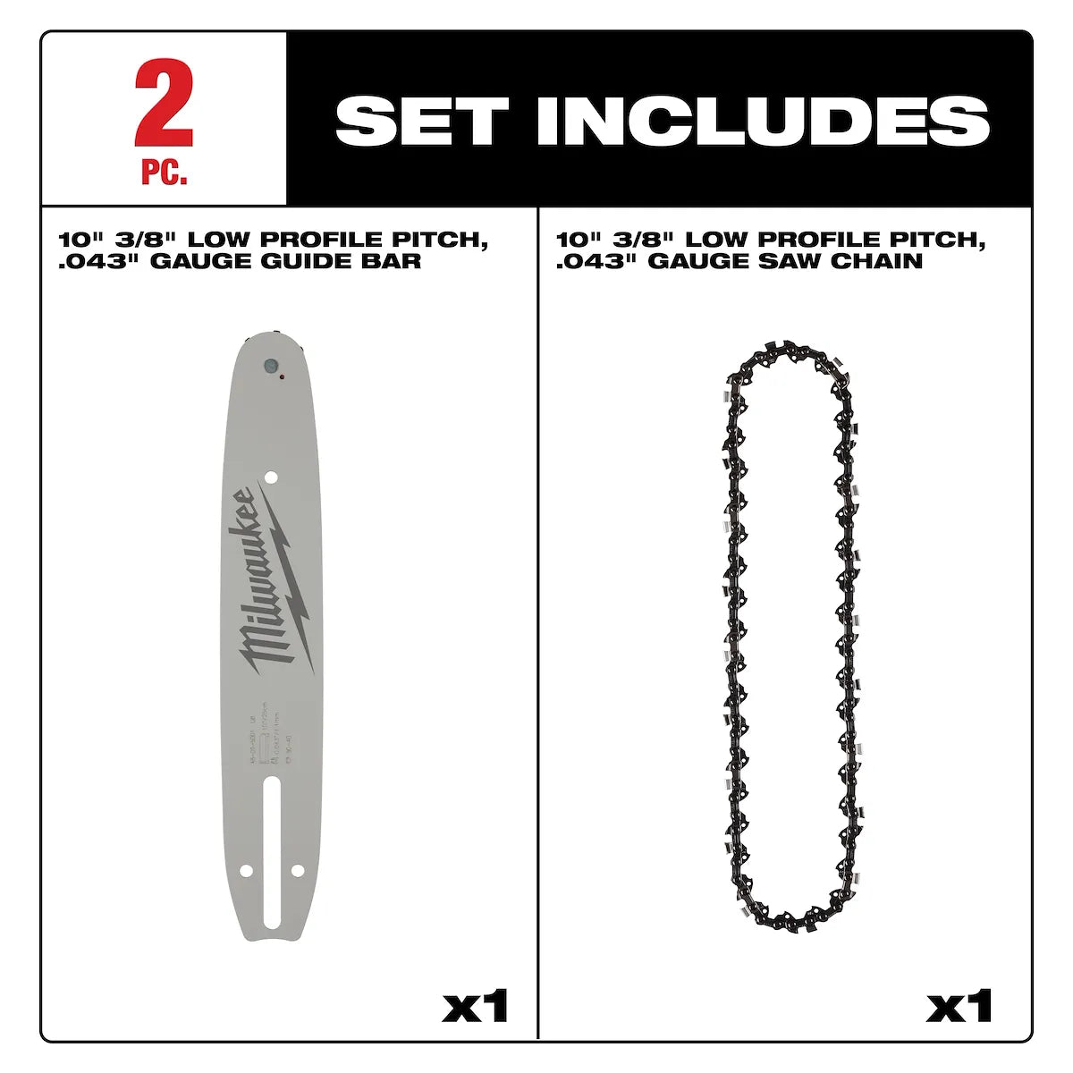 Milwaukee 10" 3/8" LOW PROFILE Pitch, .043" Gauge Saw Chain and Guide Bar Set 49-16-2849
