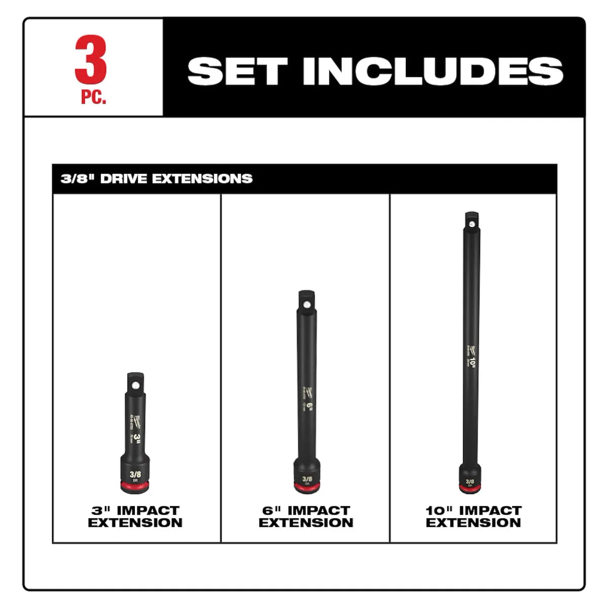 Milwaukee 3PC SHOCKWAVE Impact Duty 3/8" Drive Extension Set 49-66-6714 | 3/8 in Drive, 3-Piece