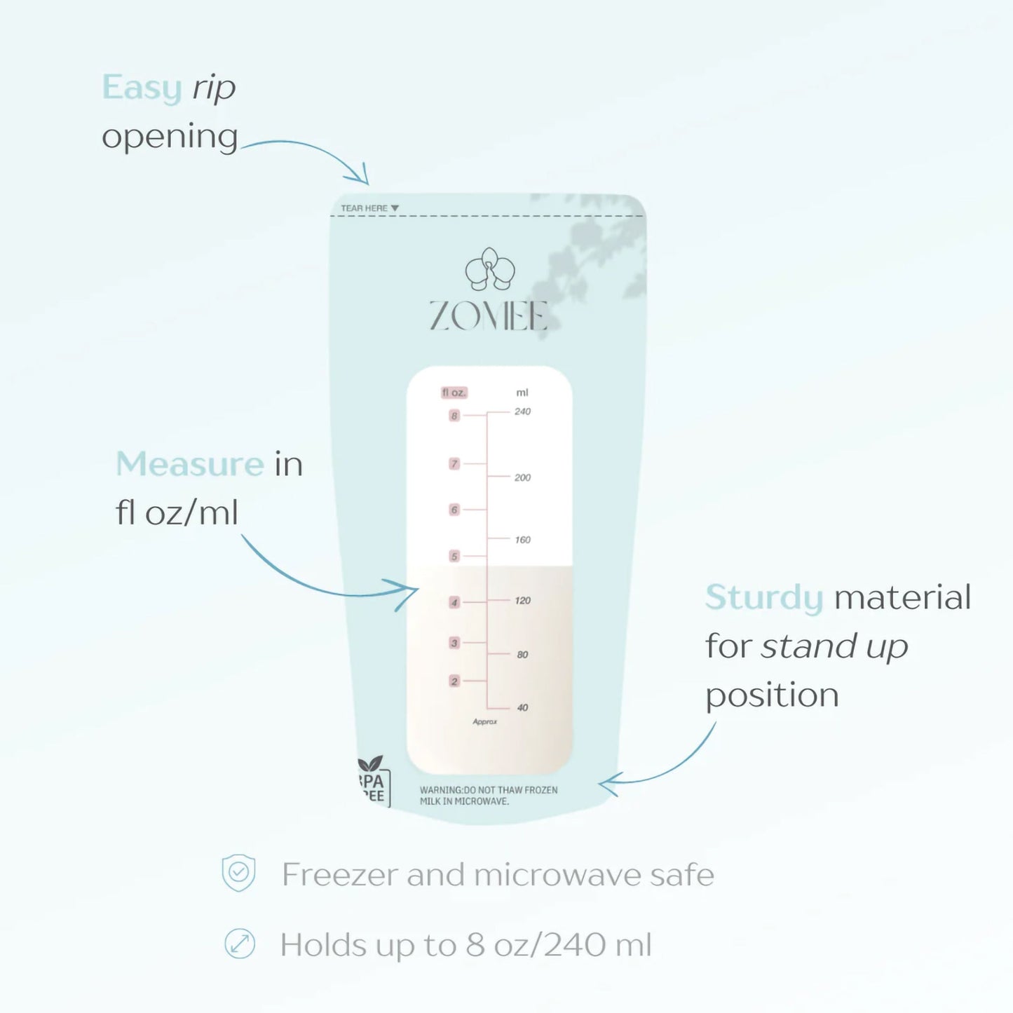 Zomee Breast Milk Storage Bag Food Grade Plastic Clear / Green