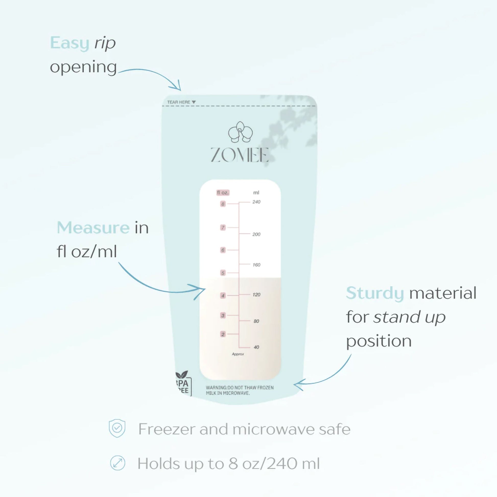 Zomee Breast Milk Storage Bag Food Grade Plastic Clear / Green