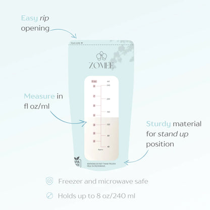 Zomee Breast Milk Storage Bag Food Grade Plastic Clear / Green